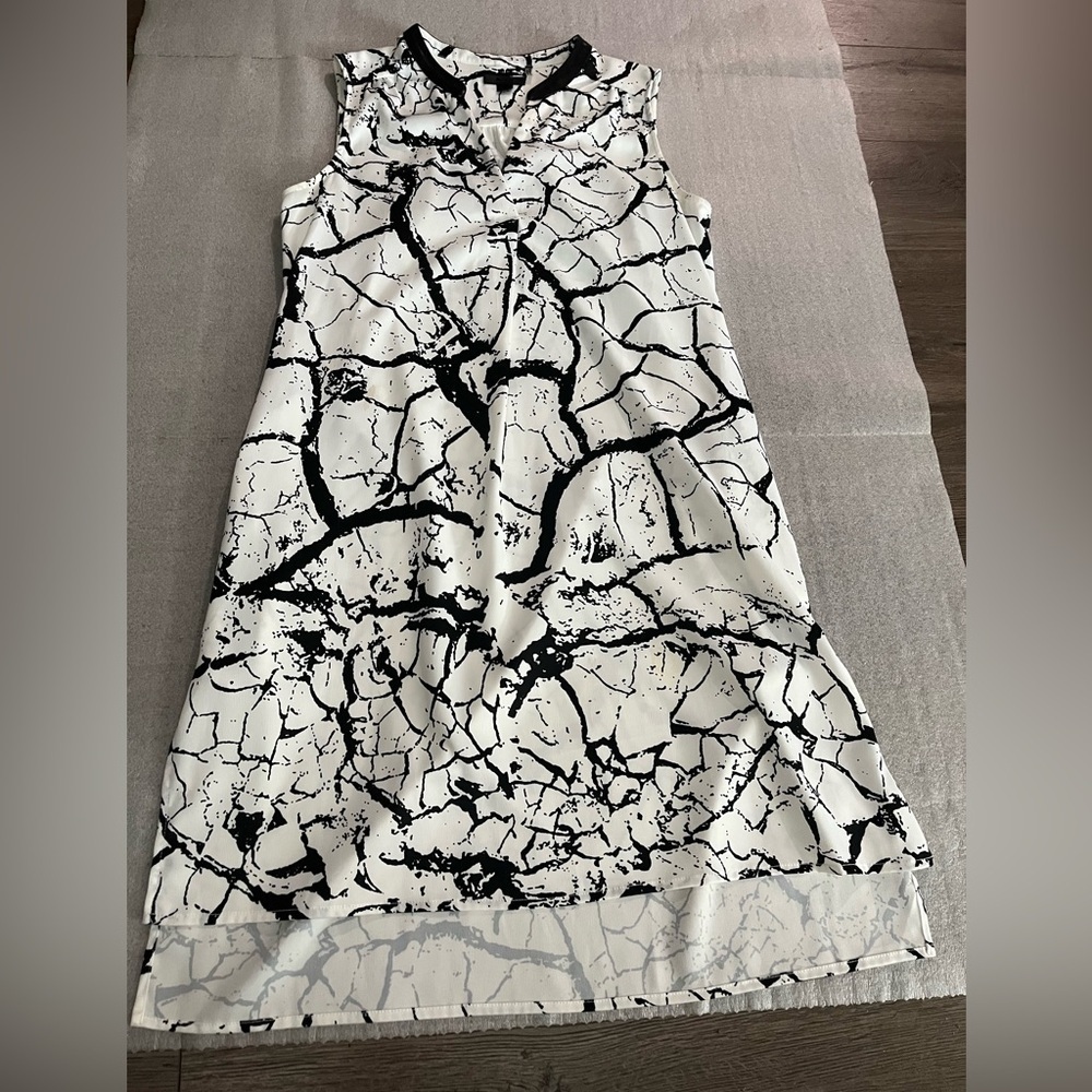 [M]RUDSAK Monochrome Black White Crackle Abstract Pattern Midi Shift Dress